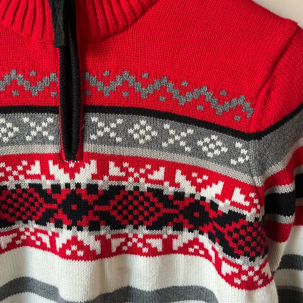 Hanna Andersson Red White Black Fair Isle Quarter Zip Cotton Sweater 150 L 10/12 - Picture 2 of 7